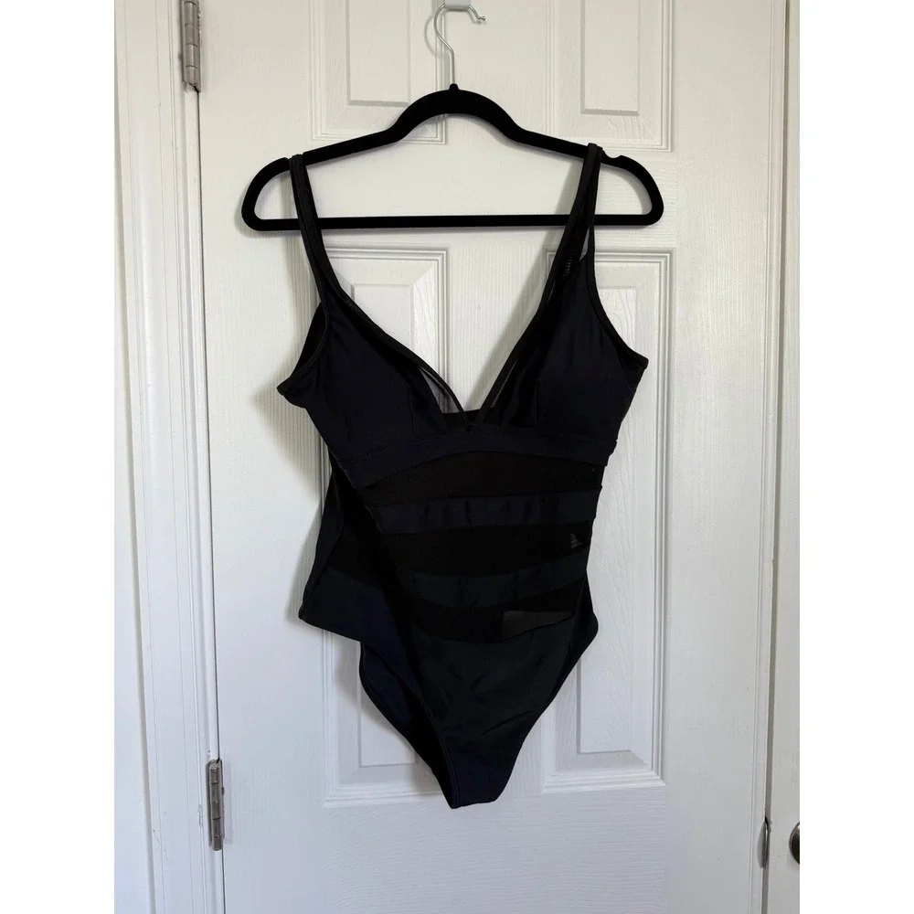 Unbranded Navy Blue Black Mesh Panel V-Neck One Piece Swimsuit Women's Large EUC